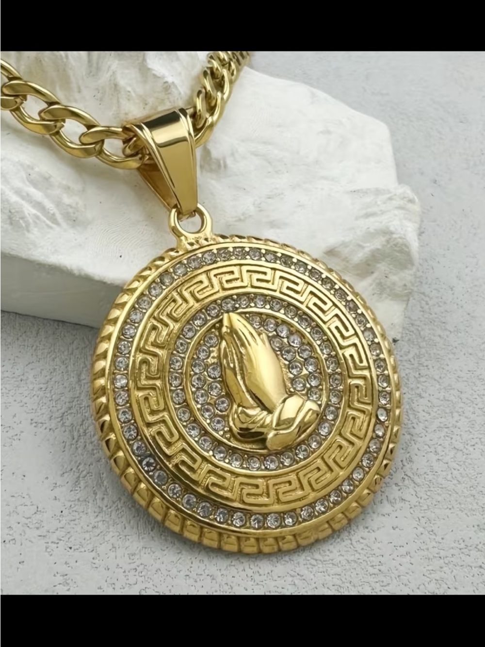 Gold Praying Hands Medallion Necklace with Crystal Accents